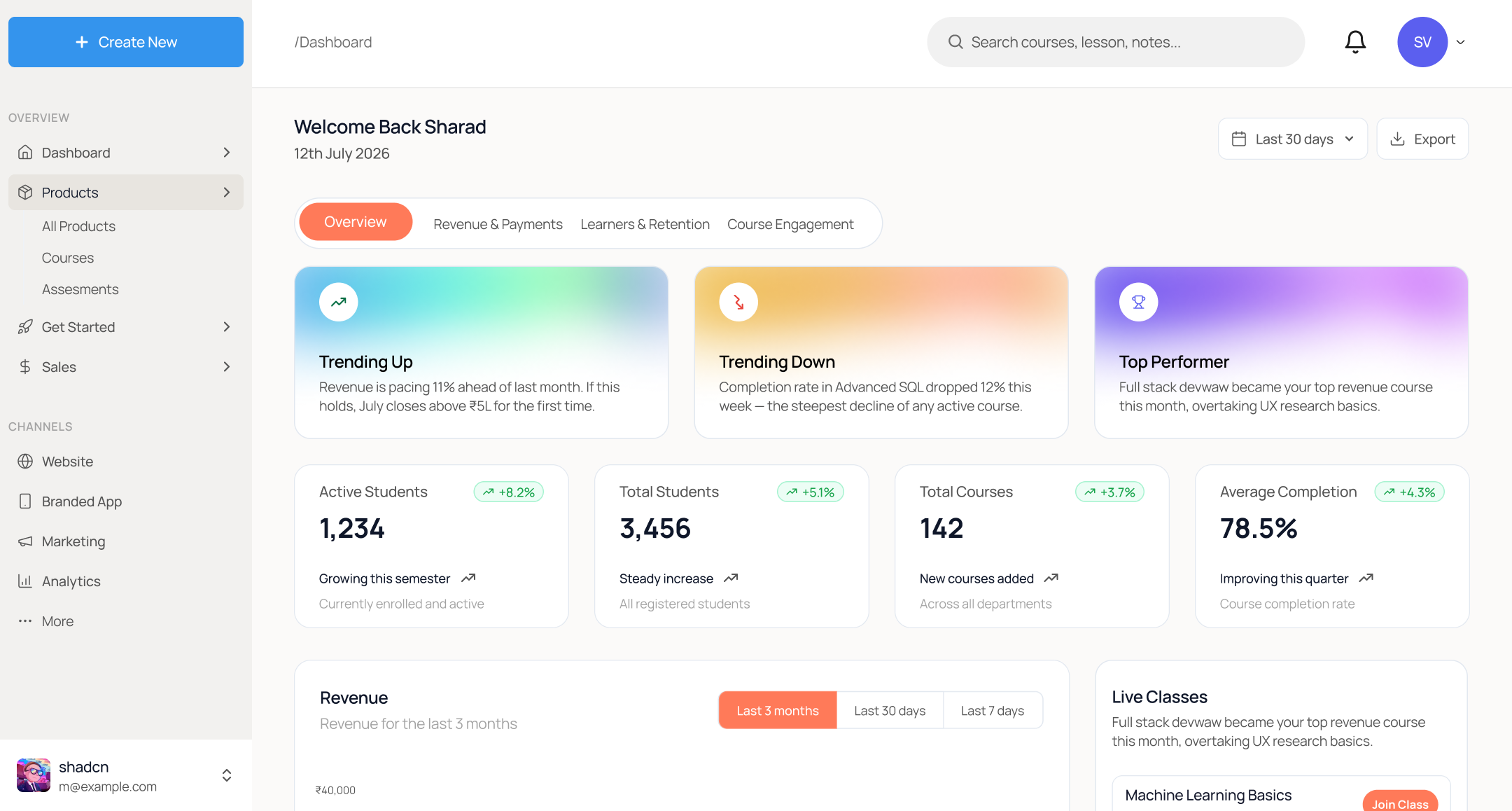 The Synappses dashboard showing courses, revenue and audience data in one view.